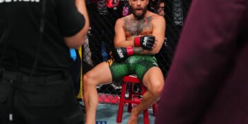 Conor McGregor tore his ACL and meniscus at UFC 329 event at T-Mobile Arena on July 11, 2026 in Las Vegas.