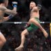 Conor McGregor attempts a flying kick on Max Holloway during their UFC fight.