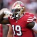 San Francisco 49ers wide receiver Deebo Samuel (19) celebrates after scoring against the Los Angeles Rams during the first half of an NFL football game in Santa Clara, Calif., Monday, Oct. 3, 2022.