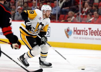 Anthony Mantha of the Pittsburgh Penguins moves the puck on the ice.