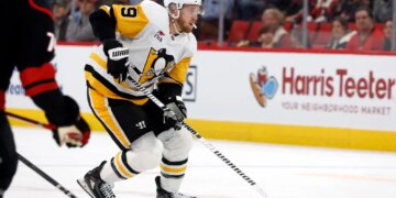 Anthony Mantha of the Pittsburgh Penguins moves the puck on the ice.