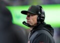 San Francisco 49ers head coach Kyle Shanahan looking to the field.