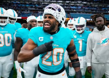 Miami Dolphins linebacker Jordyn Brooks (20) reacts as he warms-up before a game.