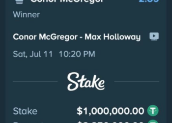 A screenshot of a betting slip showing a $1,000,000 stake on Conor McGregor to win against Max Holloway with a potential payout of $2,850,000.