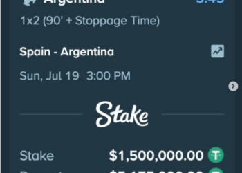 A betting slip showing a stake of $1,500,000 on Argentina to win against Spain, with a potential payout of $5,175,000.