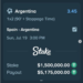 A betting slip showing a stake of $1,500,000 on Argentina to win against Spain, with a potential payout of $5,175,000.