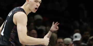 Egor Dëmin, celebrating during a game last season, says he's looking to build a connection with Mikel Brown, the Nets' 2026 top pick and his other teammates at the upcoming NBA Summer League.