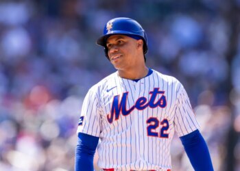 New York Mets left fielder Juan Soto (22) reacts after he flies out in the eighth inning against the Kansas City Royals at Citi Field, Sunday, July 12, 2026, in Queens, NY.