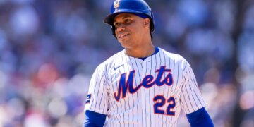 New York Mets left fielder Juan Soto (22) reacts after he flies out in the eighth inning against the Kansas City Royals at Citi Field, Sunday, July 12, 2026, in Queens, NY.