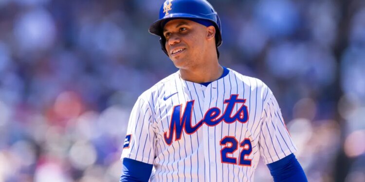 New York Mets left fielder Juan Soto (22) reacts after he flies out in the eighth inning against the Kansas City Royals at Citi Field, Sunday, July 12, 2026, in Queens, NY.