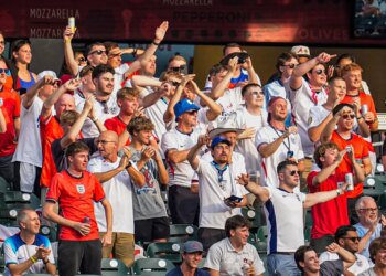England World Cup fans cheer at the Braves-Cardinals game in Atlanta on July 1, 2026.