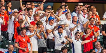 England World Cup fans cheer at the Braves-Cardinals game in Atlanta on July 1, 2026.