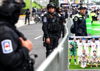 Collage of security personnel in Mexico and the England national football team.