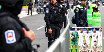 Collage of security personnel in Mexico and the England national football team.