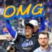 Jose Iglesias #11 of the New York Mets celebrates with an "OMG" sign after defeating the Philadelphia Phillies in Game 4 of the NLDS.
