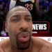 A man's face close up with a basketball player in a "76ers" jersey in the background.