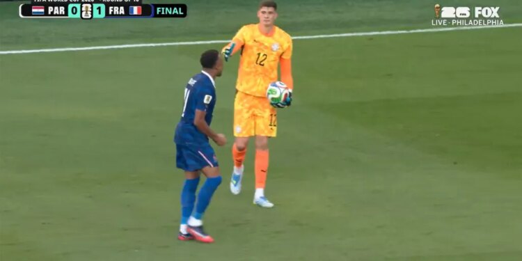 Orlando Gill tries to shake hands with Kylian Mbappé after their World Cup match July 4.
