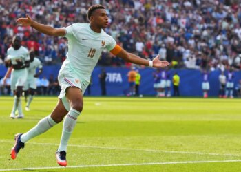 Kylian Mbappé celebrates after scoring the opening goal in France's 2-0 World Cup quarterfinal win over Morocco on July 9, 2026 in Foxborough, Mass.