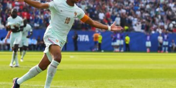 Kylian Mbappé celebrates after scoring the opening goal in France's 2-0 World Cup quarterfinal win over Morocco on July 9, 2026 in Foxborough, Mass.