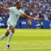 Kylian Mbappé celebrates after scoring the opening goal in France's 2-0 World Cup quarterfinal win over Morocco on July 9, 2026 in Foxborough, Mass.