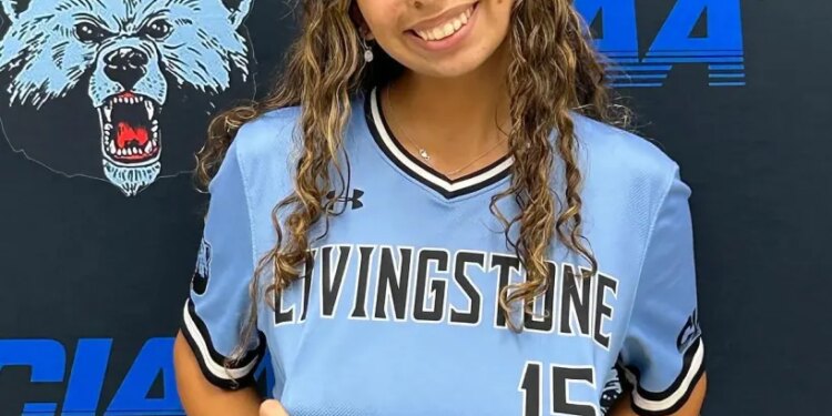 Livingstone College softball player Gabriella Muñoz wearing her light blue and black jersey with the number 15.