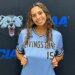 Livingstone College softball player Gabriella Muñoz wearing her light blue and black jersey with the number 15.