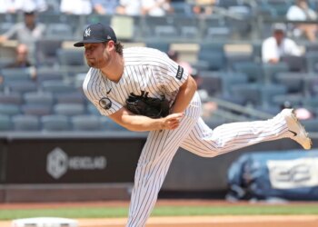 New York Yankees pitcher Gerrit Cole (45) throws a pitch.
