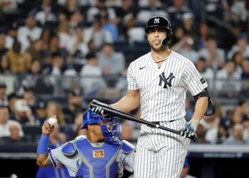 Yankees designated hitter Giancarlo Stanton reacts after he strikes out during the fourth inning at Yankee Stadium in The Bronx, New York, USA, Friday, April 17, 2026.