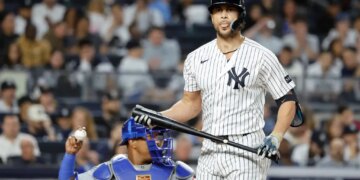 Yankees designated hitter Giancarlo Stanton reacts after he strikes out during the fourth inning at Yankee Stadium in The Bronx, New York, USA, Friday, April 17, 2026.