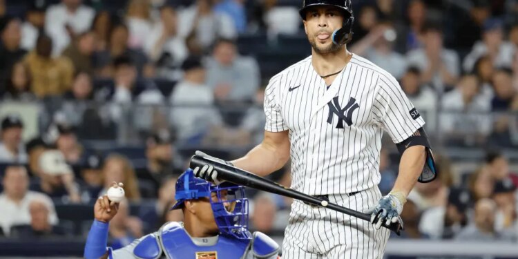 Yankees designated hitter Giancarlo Stanton reacts after he strikes out during the fourth inning at Yankee Stadium in The Bronx, New York, USA, Friday, April 17, 2026.