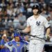 Yankees designated hitter Giancarlo Stanton reacts after he strikes out during the fourth inning at Yankee Stadium in The Bronx, New York, USA, Friday, April 17, 2026.