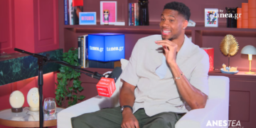 Giannis Antetokounmpo being interviewed on "ANESTEA THE PODCAST" as part of a campaign powered by tanea.gr.