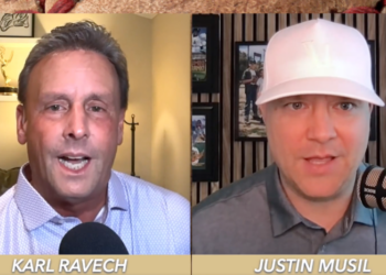 Karl Ravech and Justin Musil in a video call.