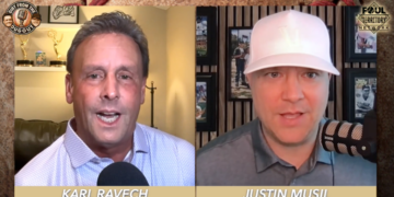 Karl Ravech and Justin Musil in a video call.
