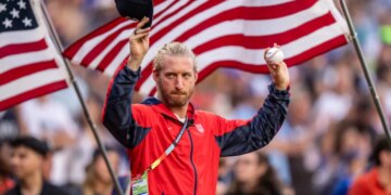 USMNT captain Tim Ream acknowledges the crowd during a ceremonial first pitch ceremony for the team before the Mariners' game against the Blue Jays on July 3, 2026 in Seattle.