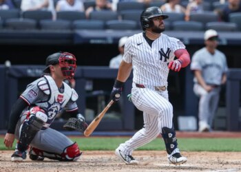 Jasson Dominguez homers in a game against the Twins on July 4, 2026.