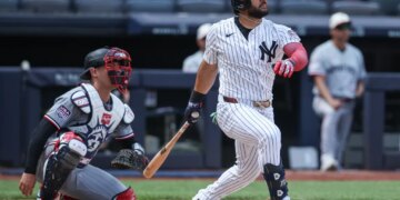 Jasson Dominguez homers in a game against the Twins on July 4, 2026.