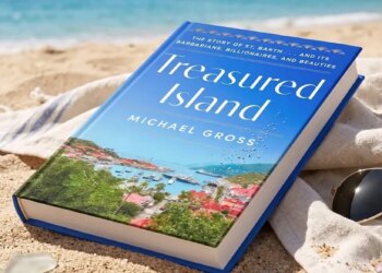 Treasured Island by Michael Gross, on a beach with the ocean and hills in the background.