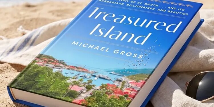 Treasured Island by Michael Gross, on a beach with the ocean and hills in the background.