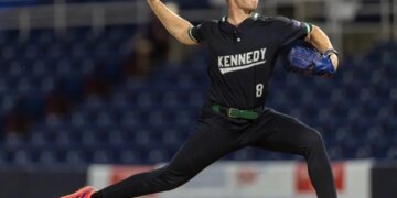 Derek Yormack pitching in his Kennedy High School uniform.