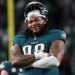 Philadelphia Eagles defensive tackle Jalen Carter (98) looks on between plays during the second half of an NFL wild card playoff football game against the San Francisco 49ers on Sunday, January 11, 2026, in Philadelphia.
