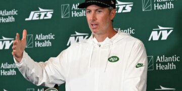 General manager talks to the media on the first day of Jets training camp on July 29, 2026.