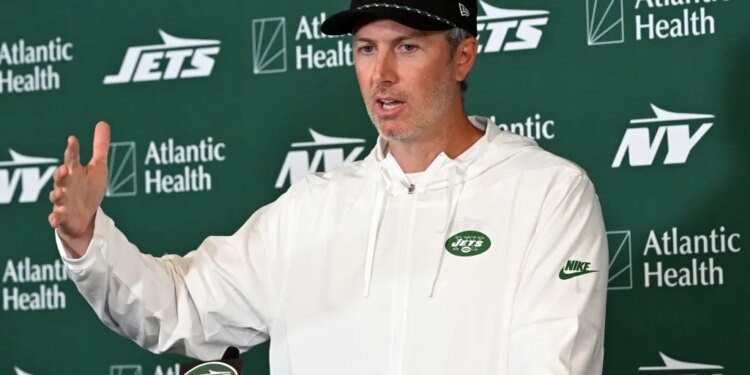 General manager talks to the media on the first day of Jets training camp on July 29, 2026.