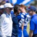 New York Giants owner John Mara speaking with head coach John Harbaugh during camp.