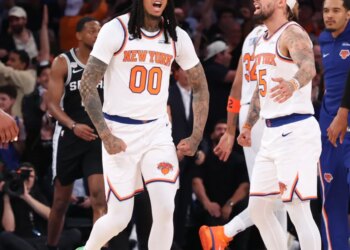 New York Knicks guard Jordan Clarkson #00 reacts after scoring in the 2nd quarter of Game 3 of the 2026 NBA Finals.