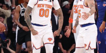 New York Knicks guard Jordan Clarkson #00 reacts after scoring in the 2nd quarter of Game 3 of the 2026 NBA Finals.
