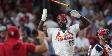 Jordan Walker tossing his bat during the MLB All-Star Home Run Derby.