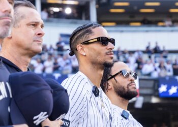 Josh Hart and Jalen Brunson of the New York Knicks standing at Yankee Stadium.