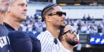 Josh Hart and Jalen Brunson of the New York Knicks standing at Yankee Stadium.
