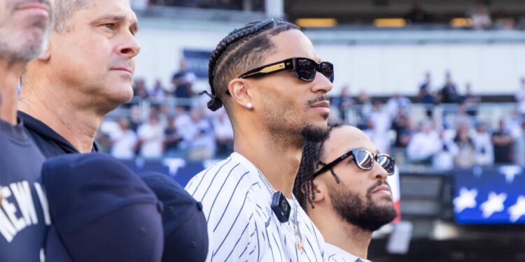 Josh Hart and Jalen Brunson of the New York Knicks standing at Yankee Stadium.